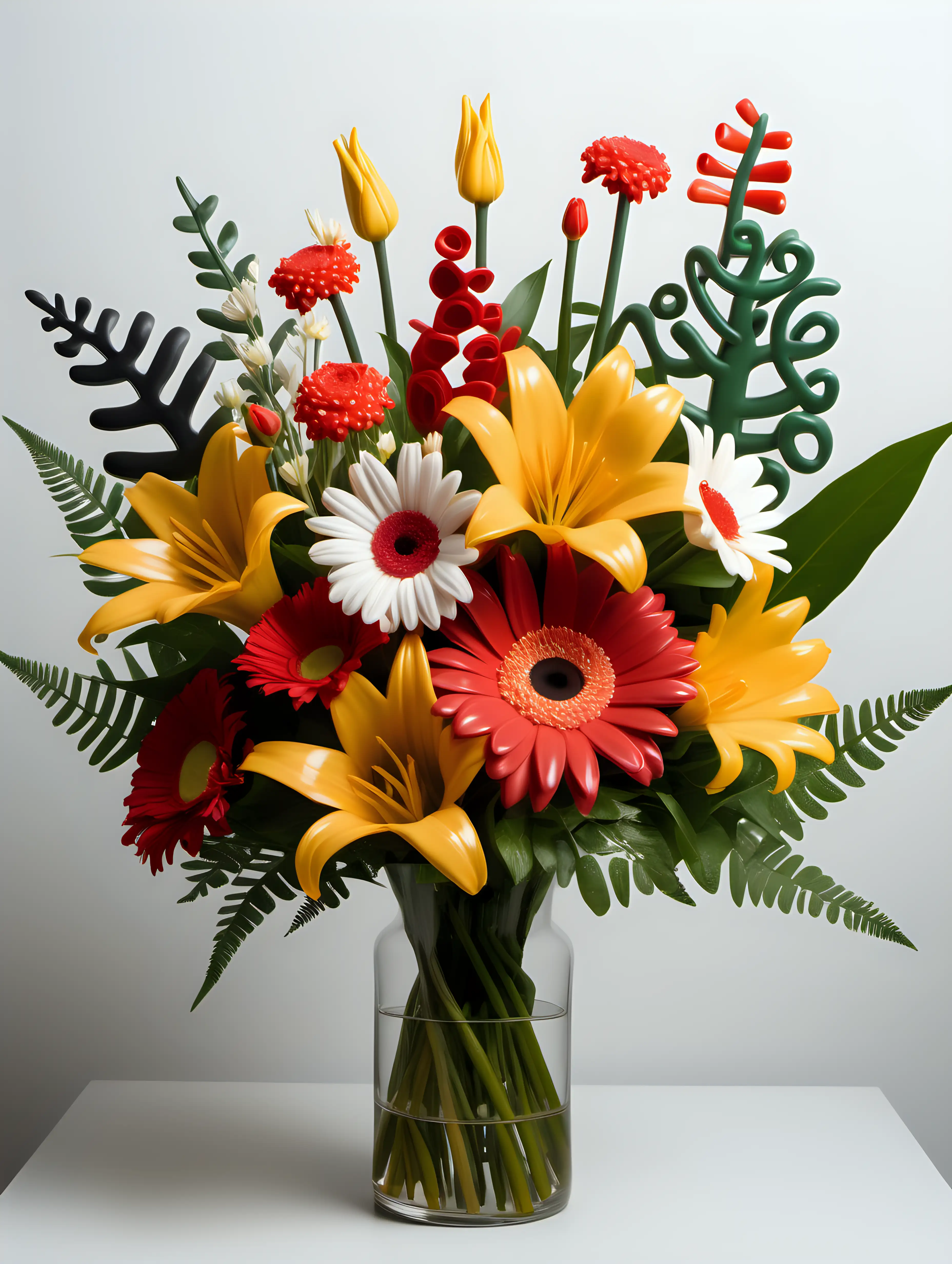 create a bouquet of primarily of Honeysuckle with accents of Tulips, Daffodils, Red Roses, Gerbera daisies, carnations, baby breath, eucalyptus and ferns flowers with stem visible on white background, inspired by the artist Keith Haring