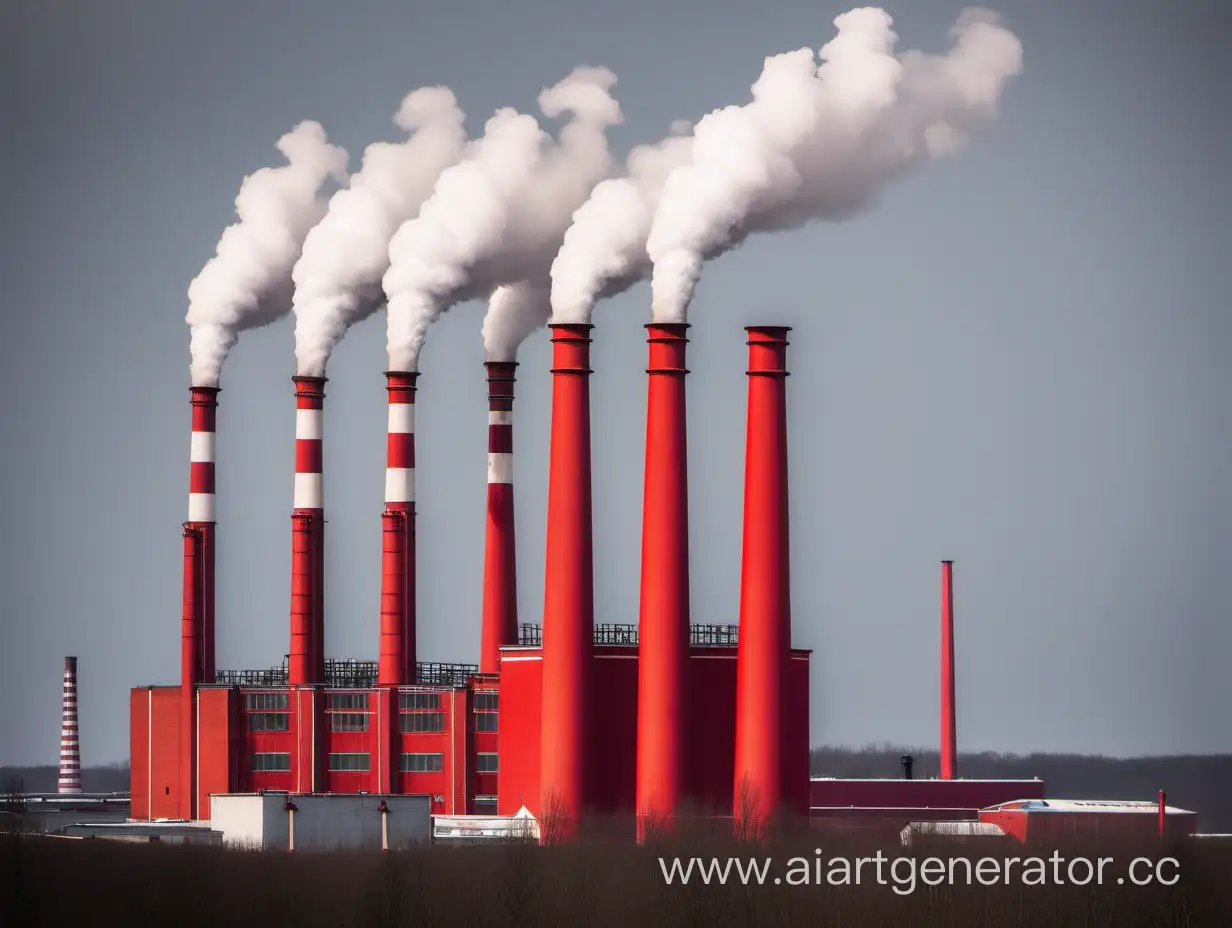 Vibrant-Red-Factory-with-Five-Chimneys-Emitting-Smoke