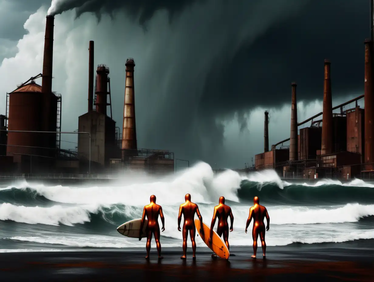 Courageous Surfers Confronting Stormy Seas at Rusty Bunghole Factory