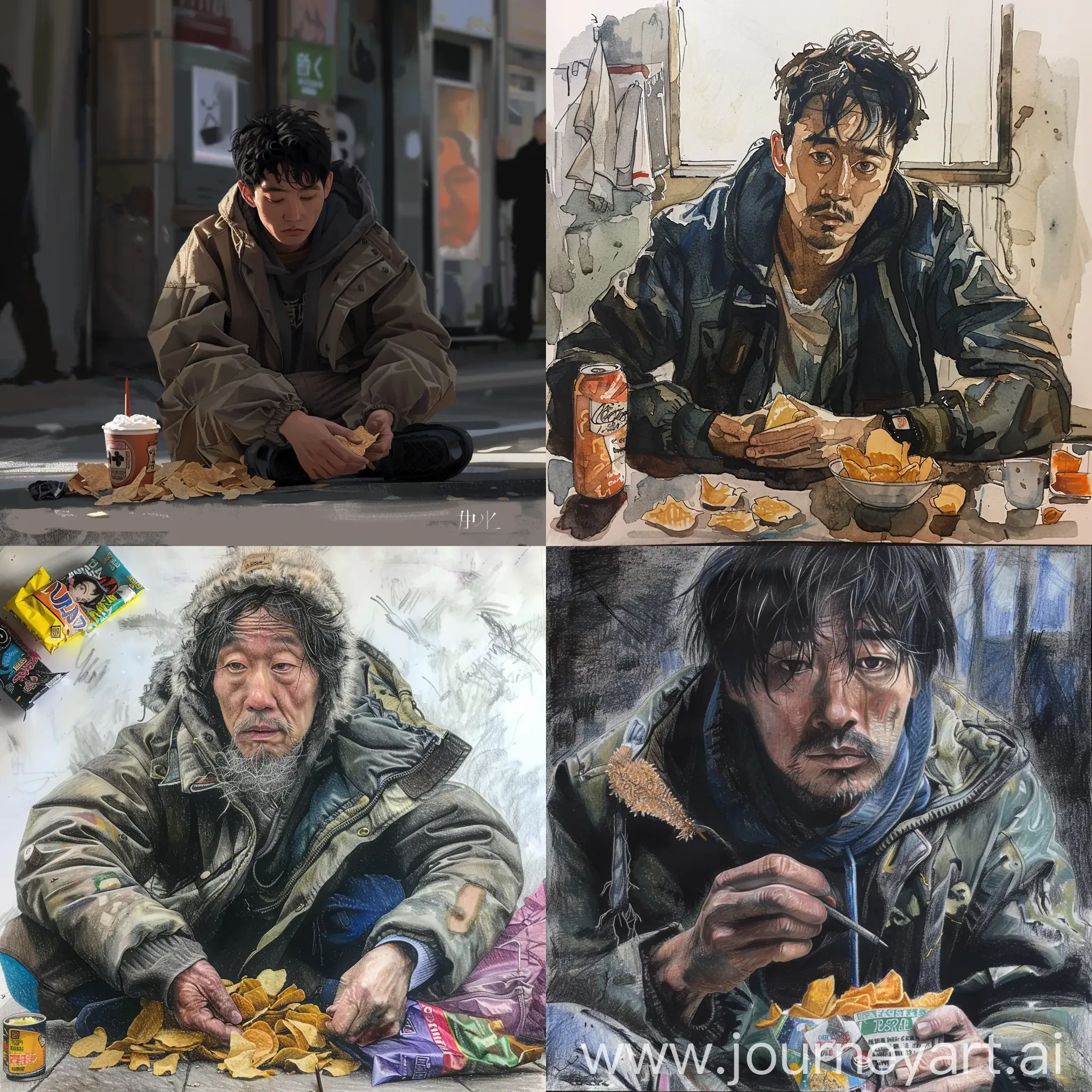 draw an Asian man who constantly watches anime, eats chips and lives on the street