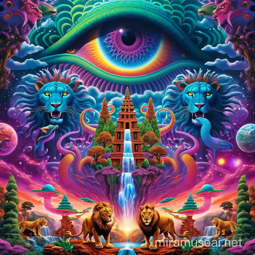 Psychedelic DMT World Vibrant Trees CloudEyed Aliens and Whimsical Creatures Amidst a Waterfall