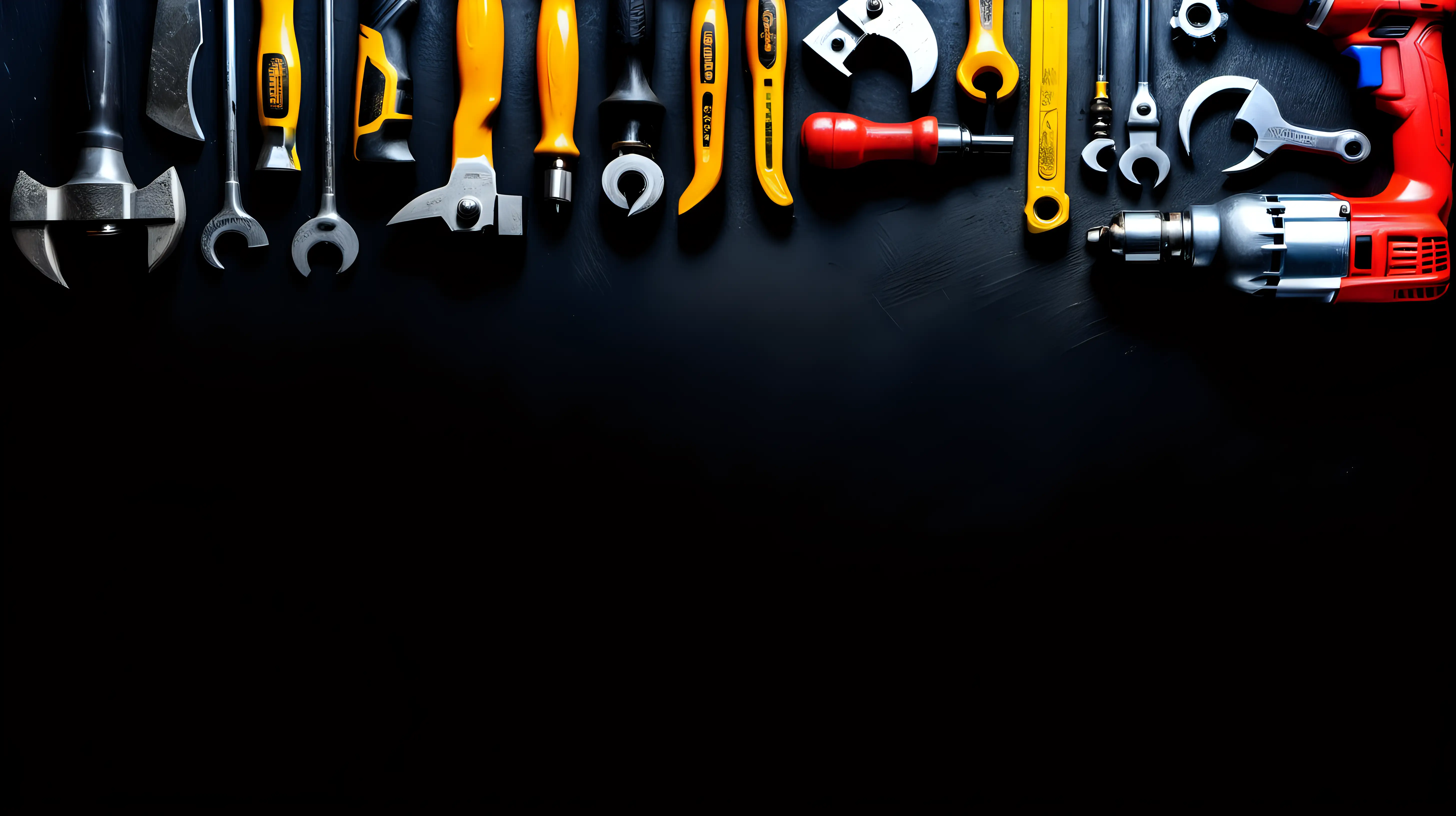 Hand tool, Drill hammer, wrench and construction tools on the black background text space