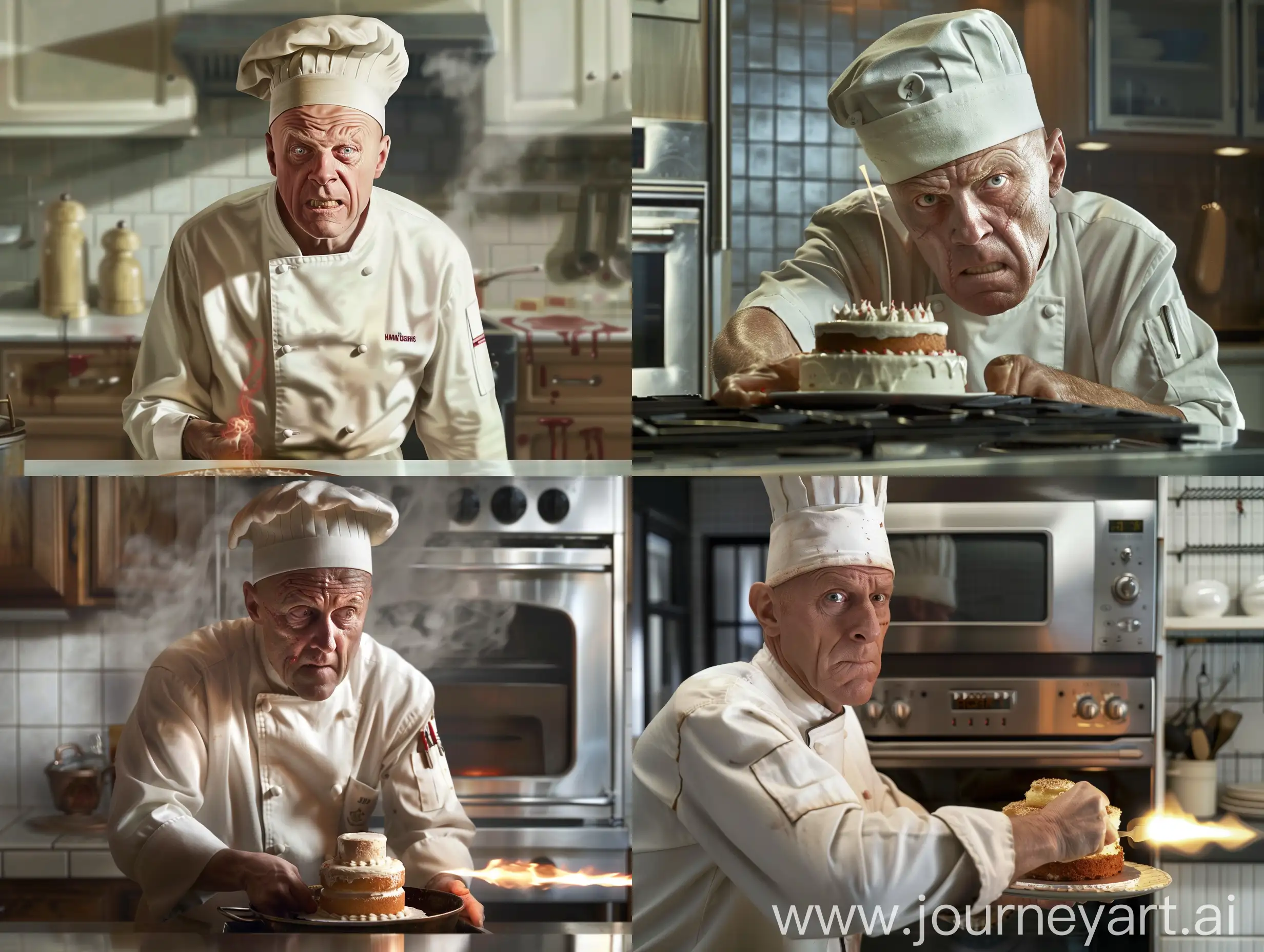 Hank Schrader (played by Dean Norris) is bad in Breaking Bad, Hank Schrader is trying to put the cake in the oven but Hank Schrader's cooking hat is firing. Hank Schrader's off-white chef's uniform. Hank Schrader's face is scary, kitchen background, clear, modern lighting, realistic, q2


