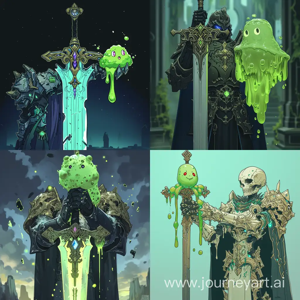 The sword of the Lich King holding a cute-faced green slime, Genshin Impact style --v 6 --ar 1:1 --no 97029