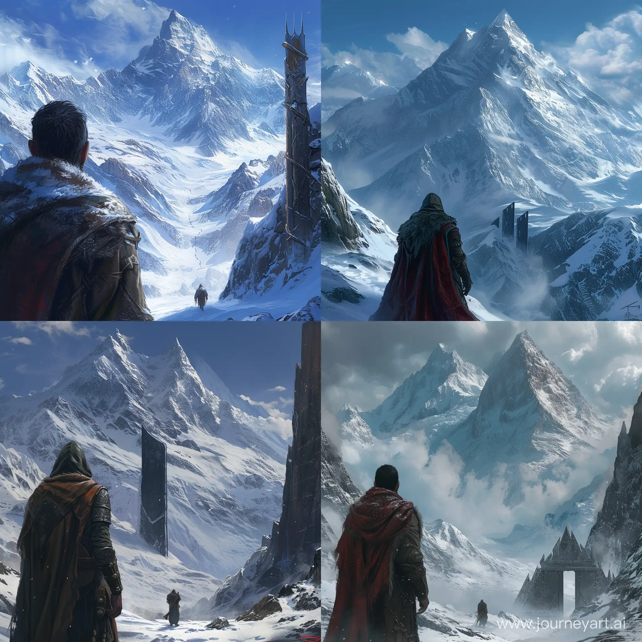 giant - a fourteen-thousander mountain, a medieval merchant, a figure looking at a snow-covered range, in the distance you can see a steel gate made by Dwarves leading deep into the mountains, concept art, 4k, hd