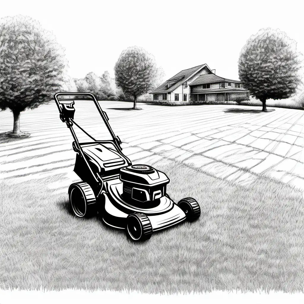 Hand Sketch of Fresh Cut Yard and Lawn Mower on White Background