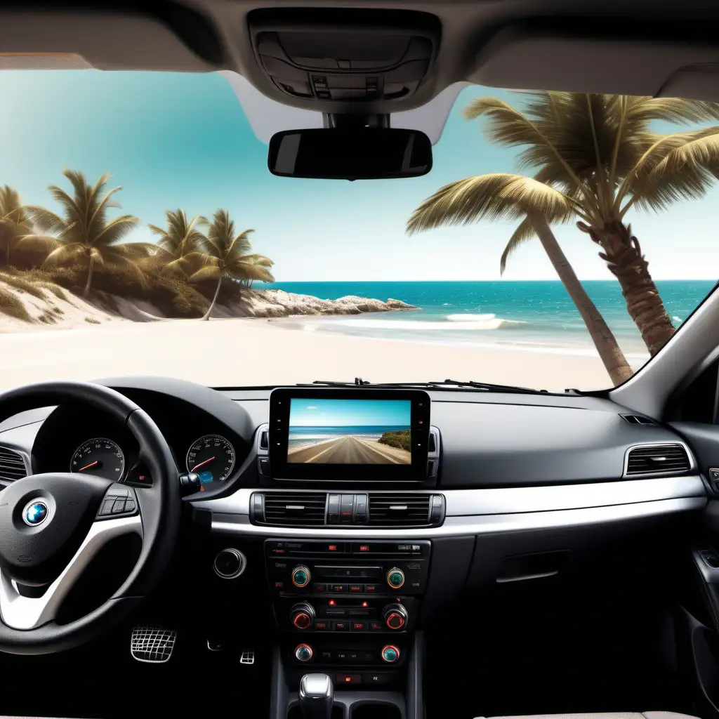 Create a photograph of the car interior, dashboard with car stereo unit without knobs. The car is driving on the left side road with beautiful beach  landscape. 