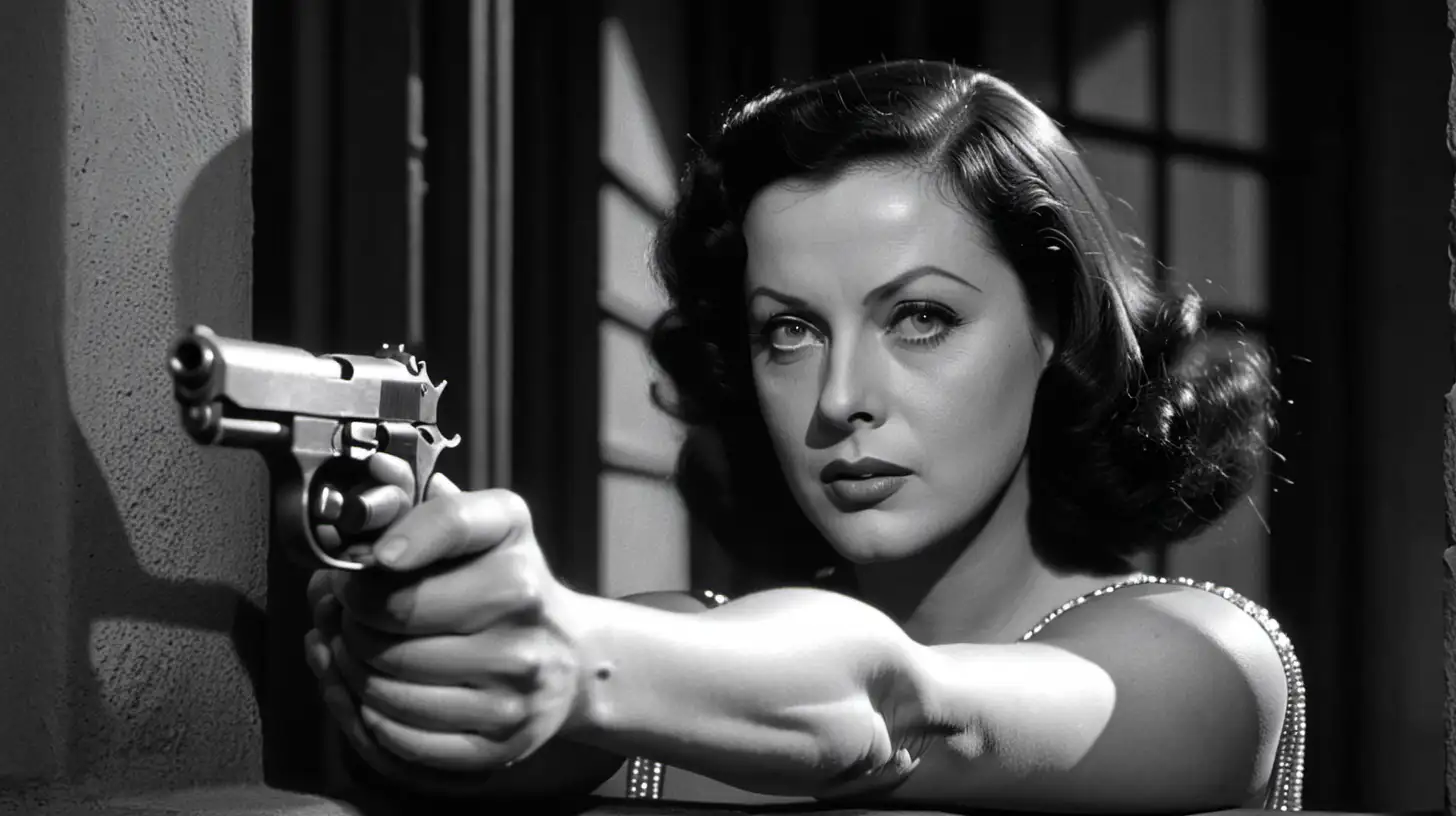 femme fatal Hedy Lamarr, intense eyes, black and white,  dark alley,  pointing gun, 