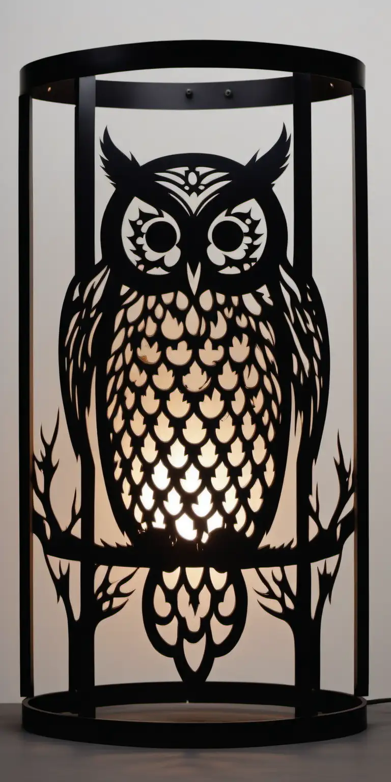 Monochrome Steel Owl Sculpture Elegant Cylindrical Light Composition