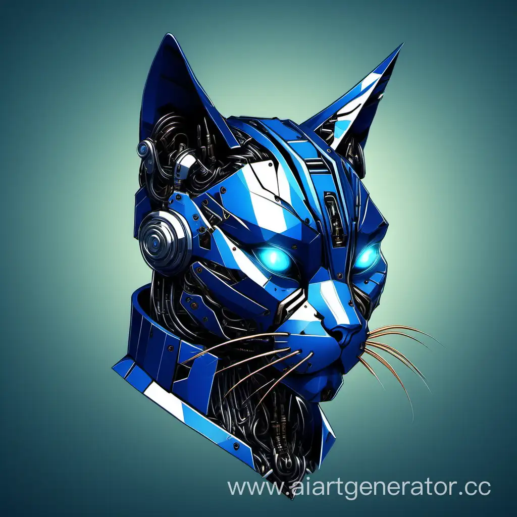 темный синий цвет, кот , острые углы, кот, из металла из панелей, робот киберпанк, только голова