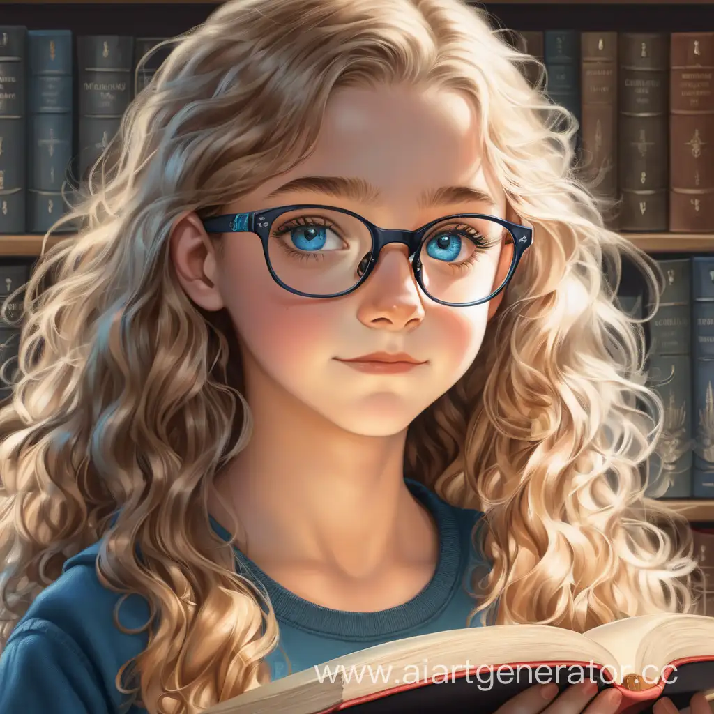 девушка 13 лет с длинными волнистыми светлыми волосами и голубыми глазами в очках и с книжкой 