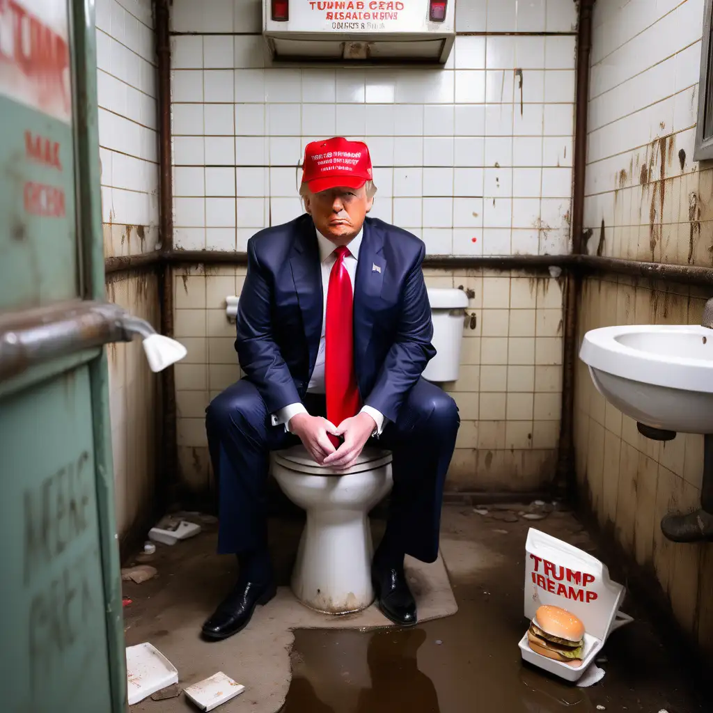 Donald trump sitting on a old gas station toilet dirty bathroom.makea ultra realistic America great again hat on sweating eating a Big Mac