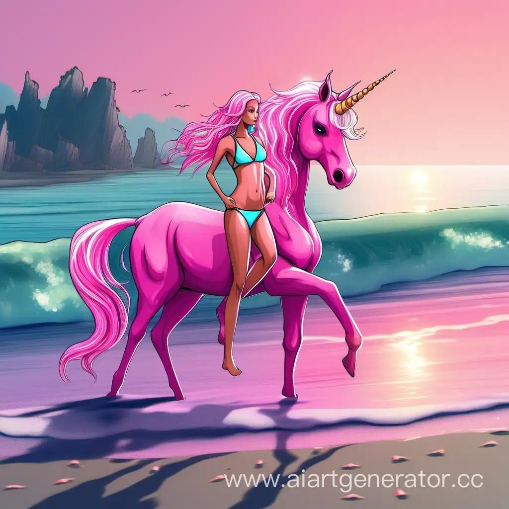 Красивая стройная девушка в купальнике гуляет по берегу океана рядом с розовым единорогом 
