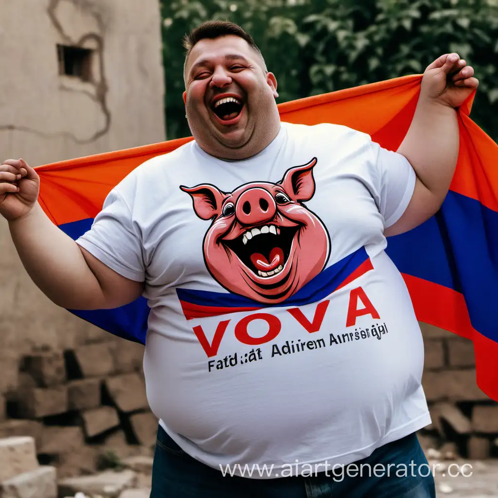 Жирная свинья с армянским флагом на фоне стоит смеётся в футболке с надписью VOVA