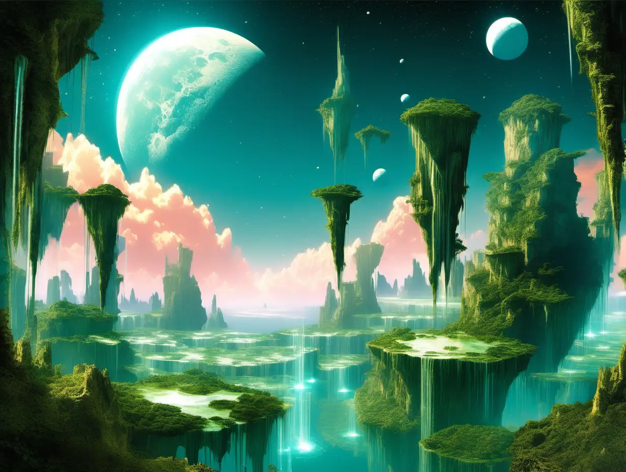 Surreal Floating Islands Landscape with Double Moons and Waterfalls