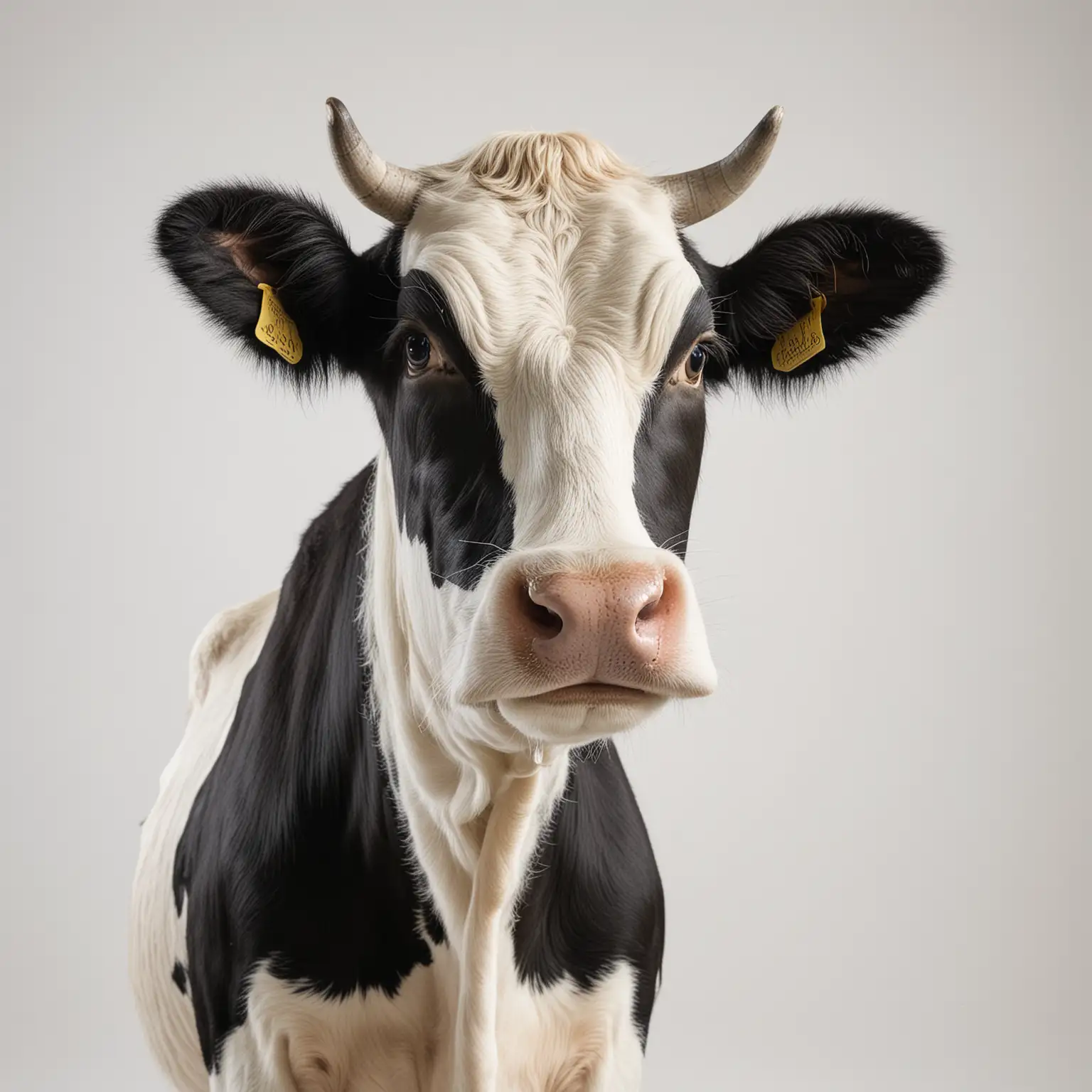 Curious Black and White Cow Looking Sideways on White Background