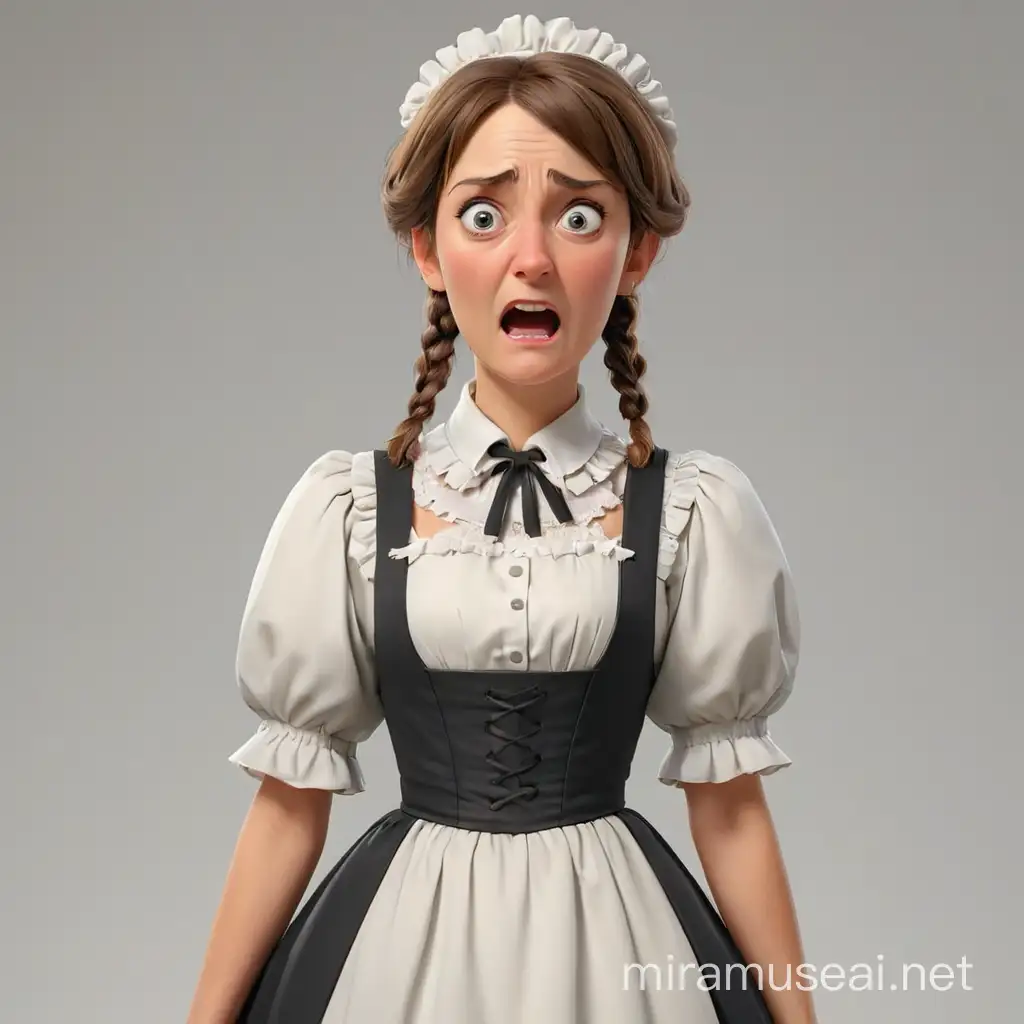 Prussian maid with a stupid look. scary, middle aged. with silly emotion. we can see her in full height. Without background. in realism style, 3d-animation