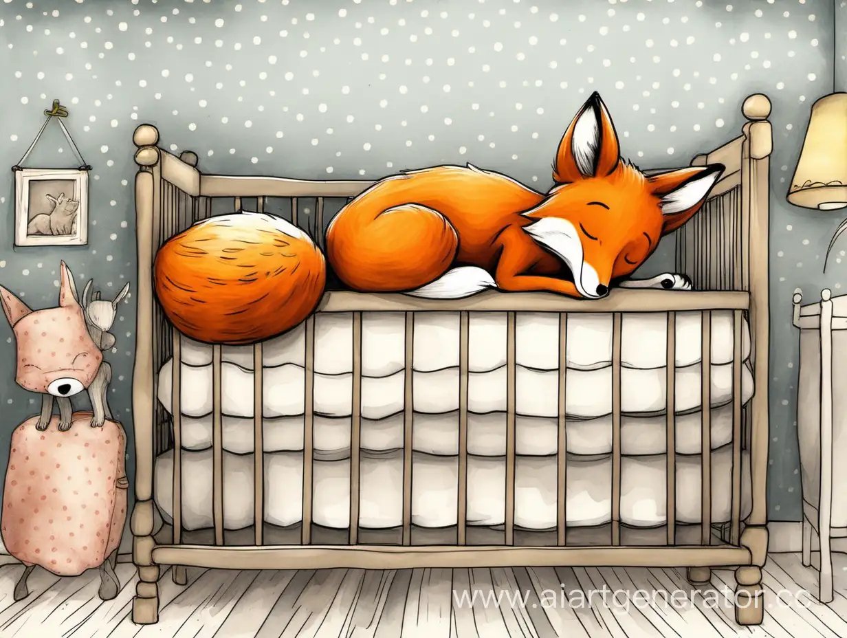 лисичка спит в кроватке в своей комнате