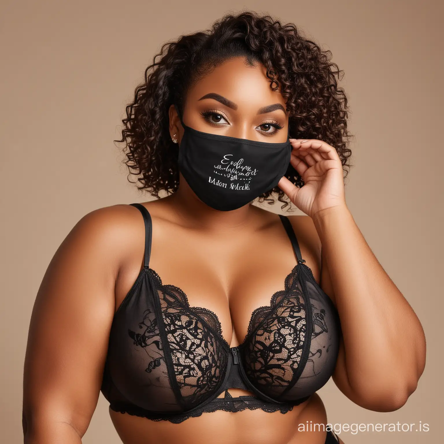Create a logo for a curvy black woman who sales used and worn lingerie. Put a mask on her face