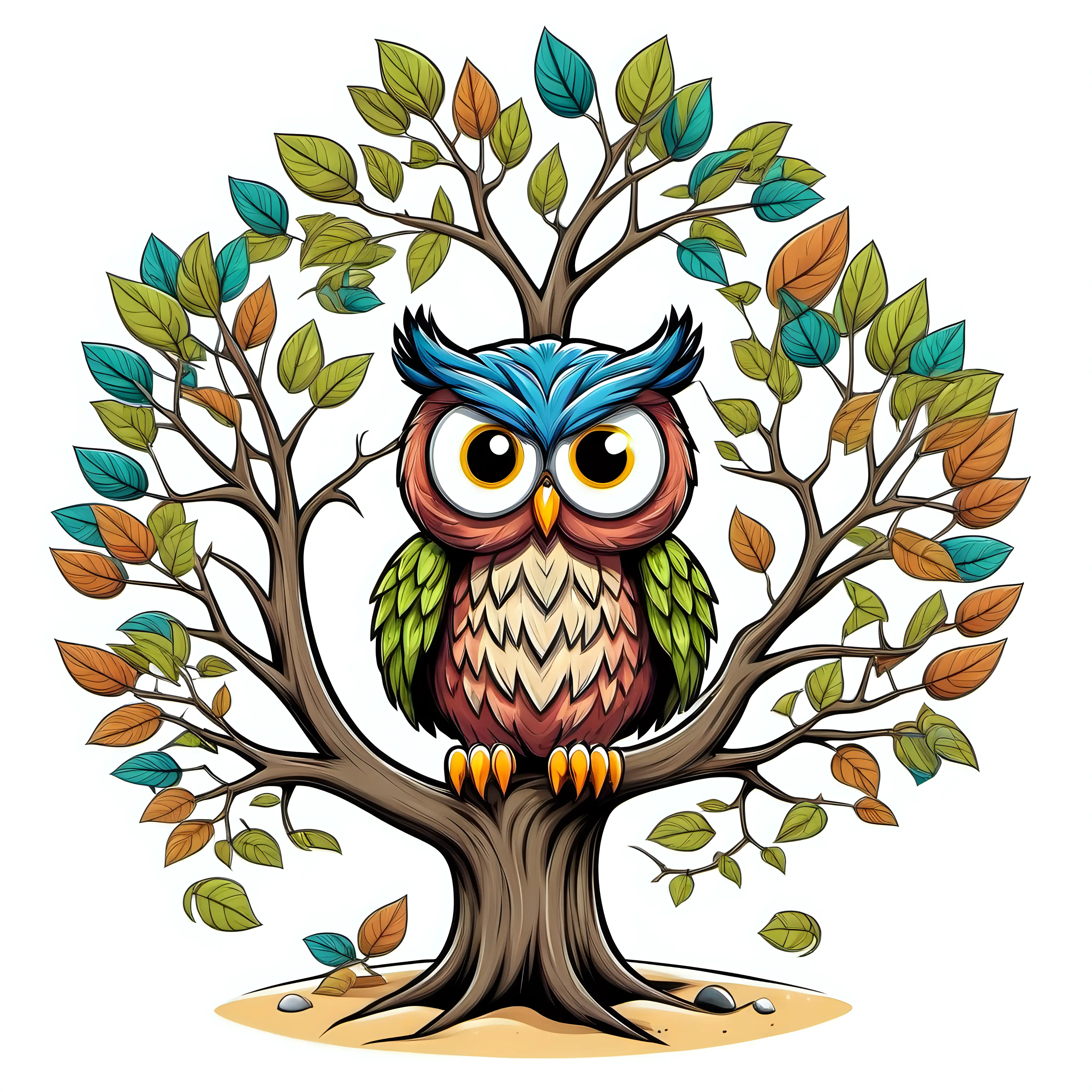 Cartoon owl in a tree in the beach, leaves, 7 colors in image, design for a t-shirt