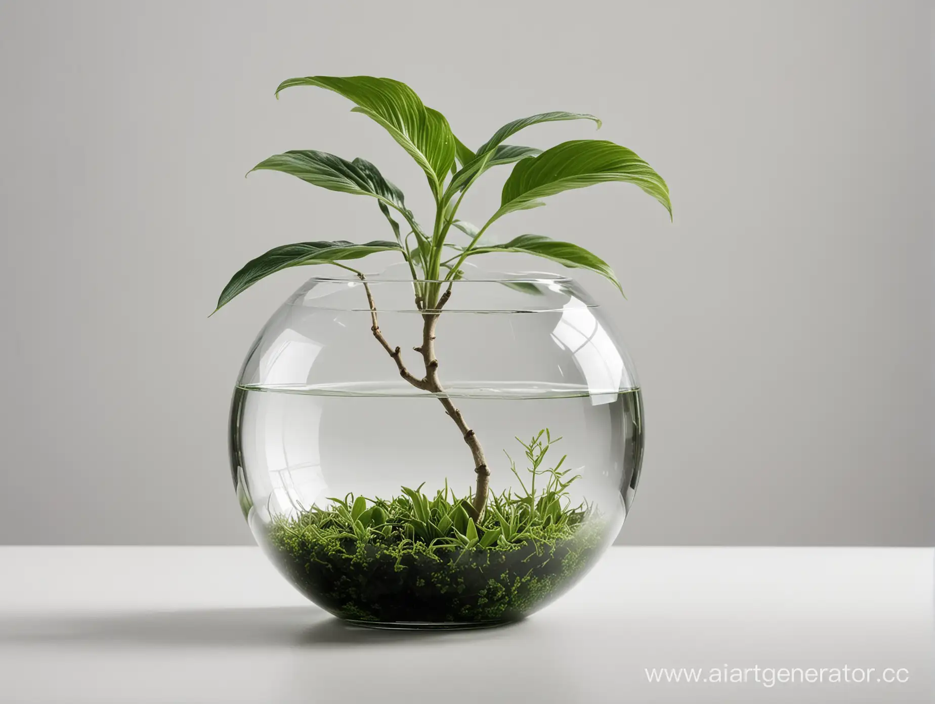 создай фотографию  хорошего качества на которой изображена прозрачная круглая ваза в виде шара и из которой растет зеленое красивое растение