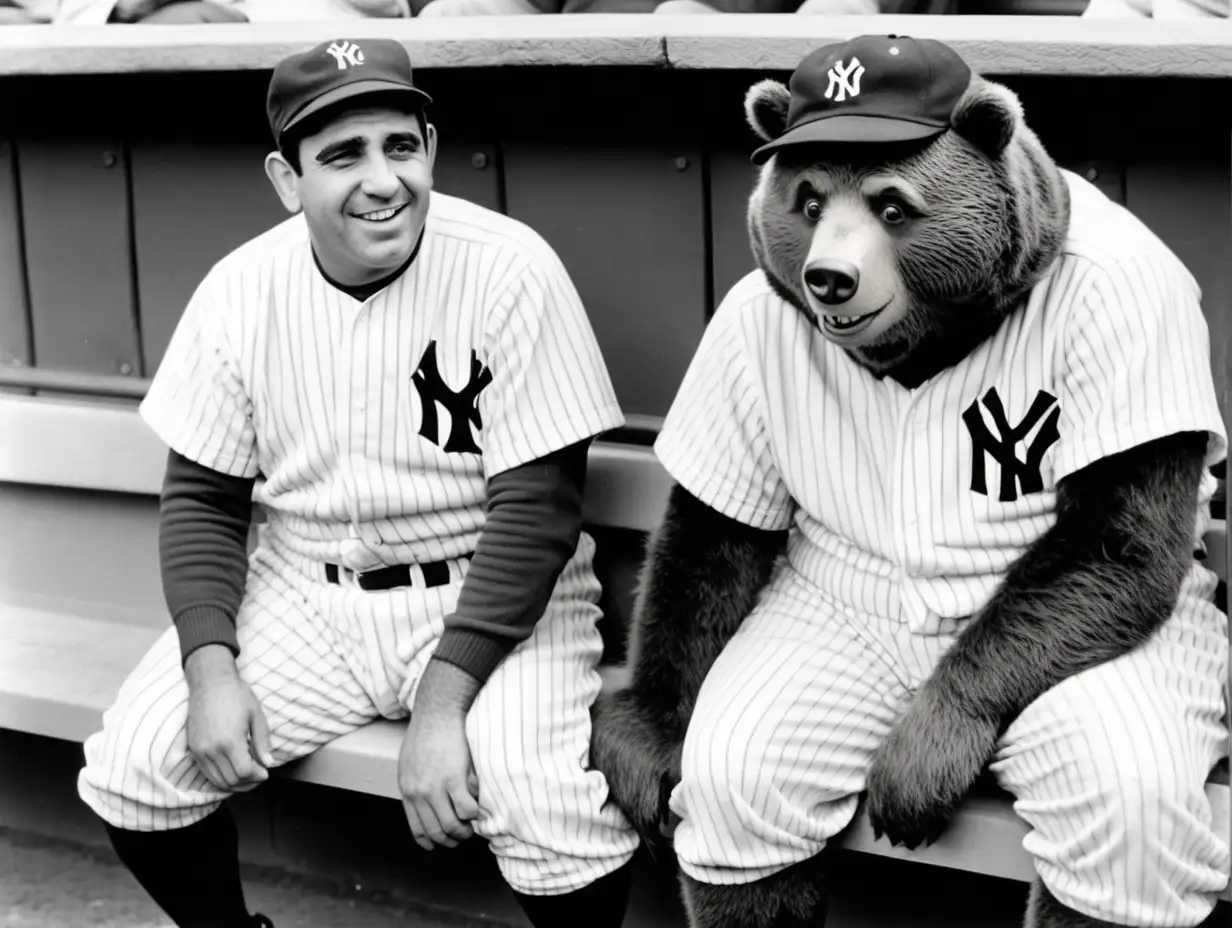 Yogi the Bear and Yogi Berra sitting on the bench in the dugout in Yankee Stadium 1951