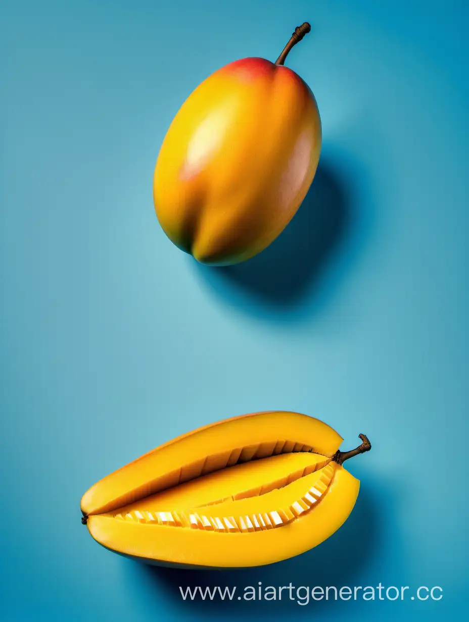 Vibrant-Big-Yellow-Mango-with-Slices-on-Blue-Background