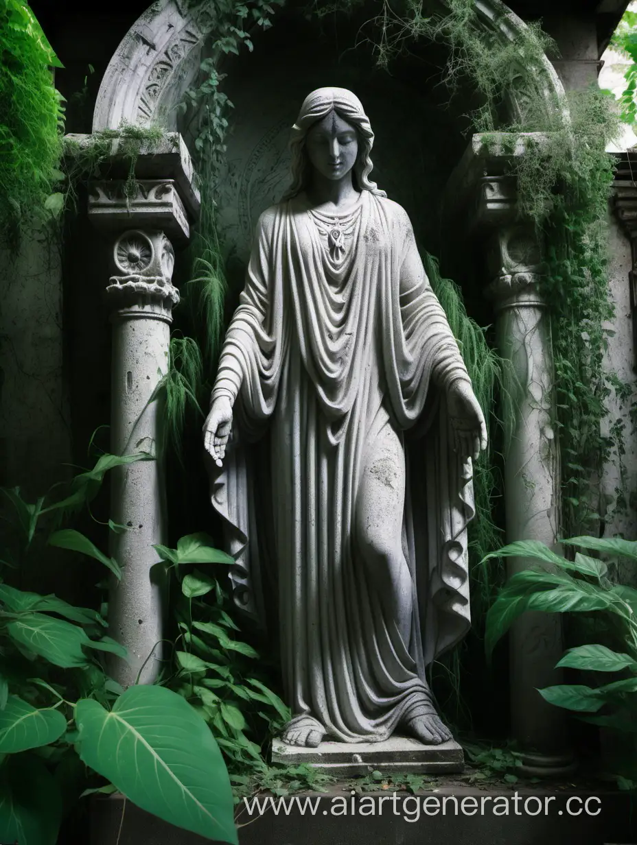 Stone antique statue of the spirit of light, slightly covered with plants against the backdrop of an abandoned temple