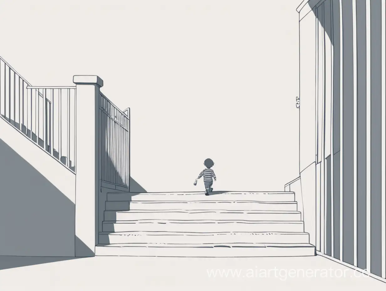 ребенок на лестнице возле ворот нарисовано минимализм 
