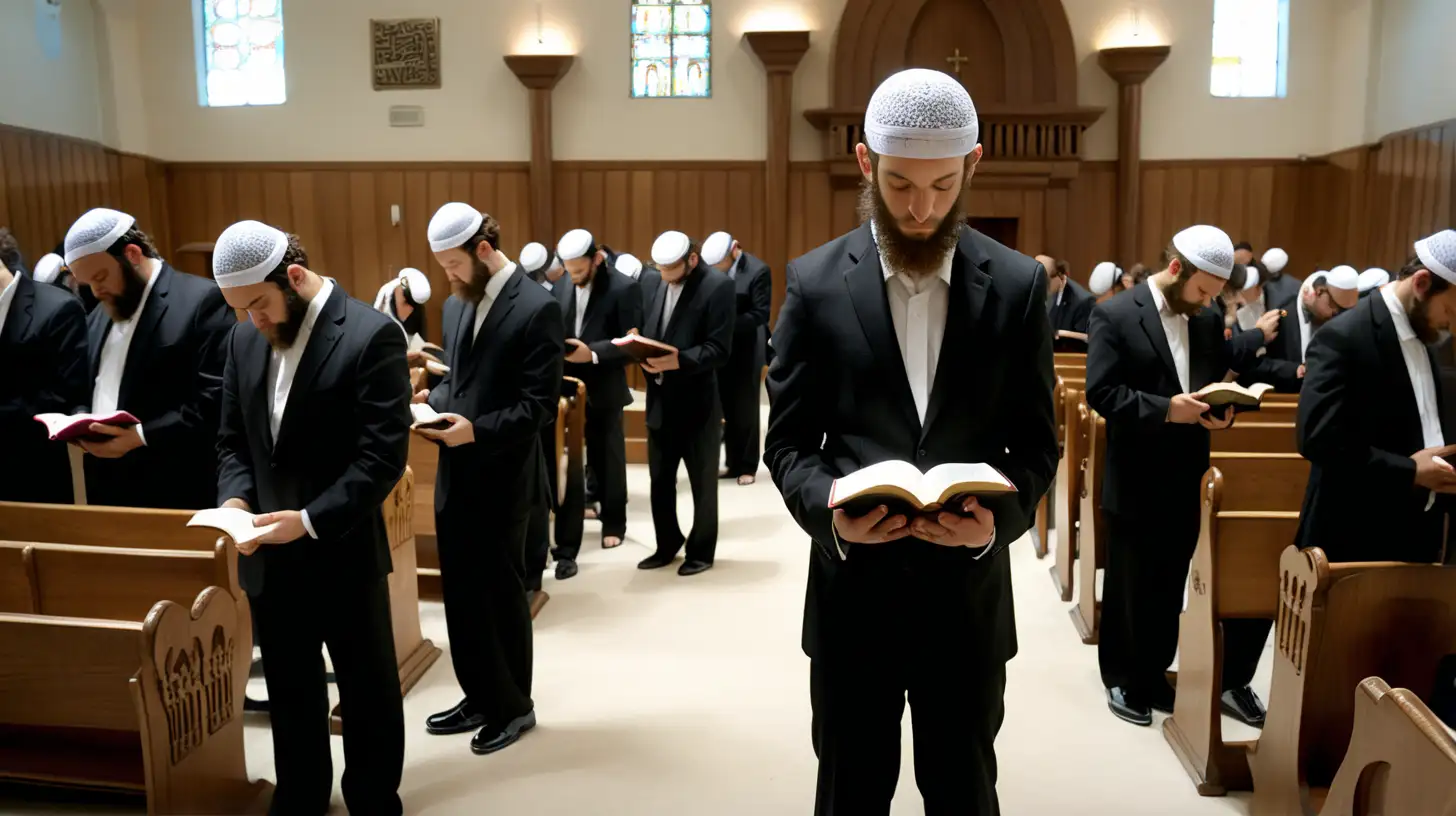 Devout Jewish Man Praying in Synagogue with Prayer Book