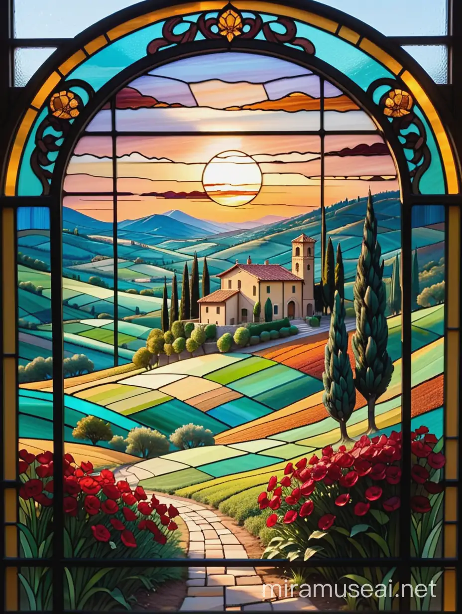 Витраж в технологии тиффани, из цветного стекла, на витраже запечатлено пейзаж "Тоскана Италия"