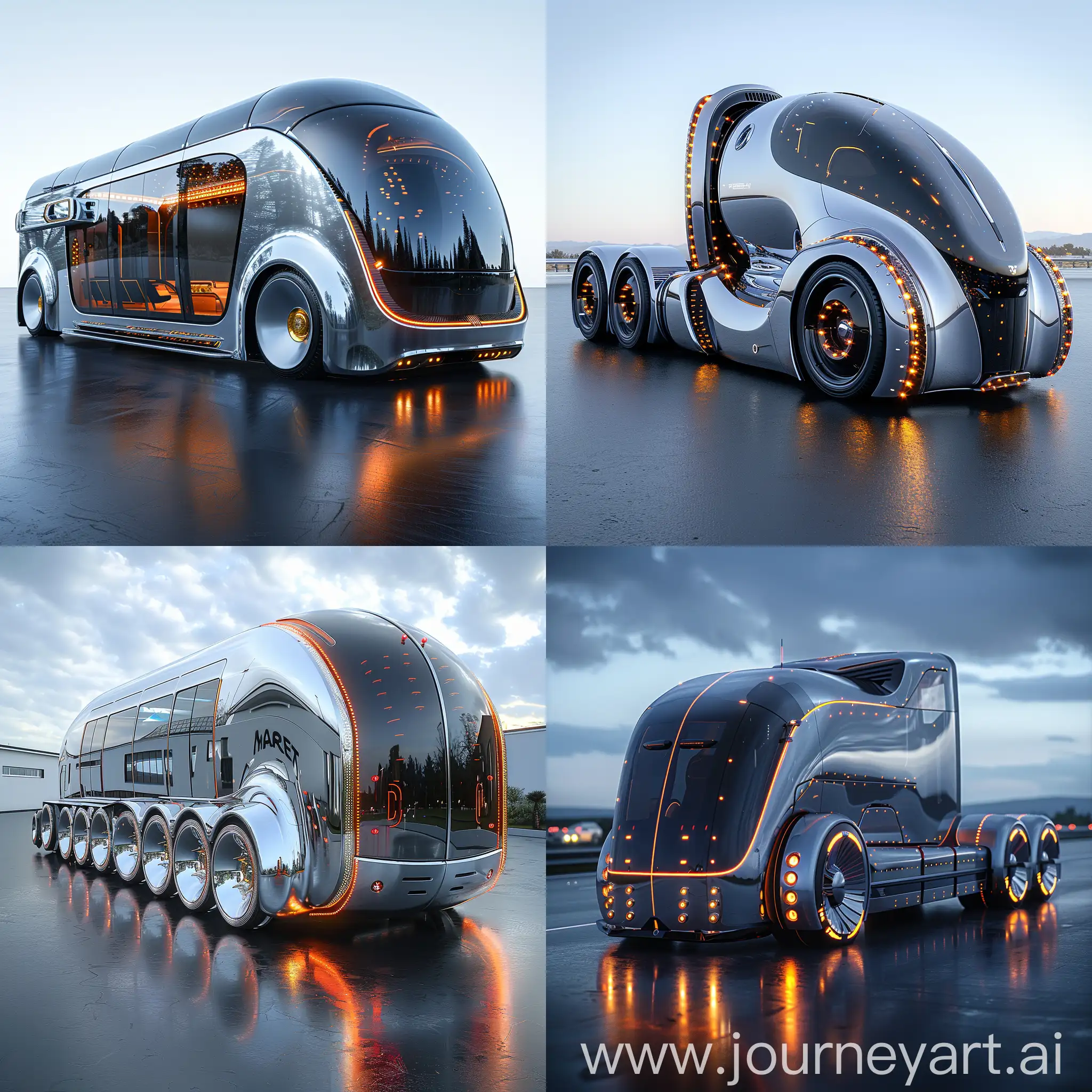 Futuristic truck, ultra-modern, ultramodern, stainless steel, smart materials, high tech, octane render --stylize 1000