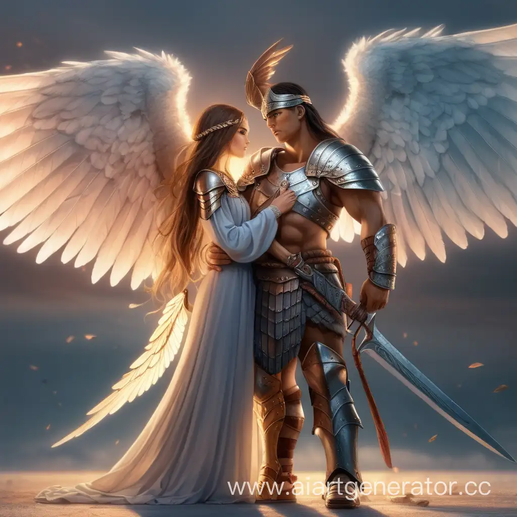 Воин стоит возле красивой женщины которая держит в руках крылья и дарует воину
