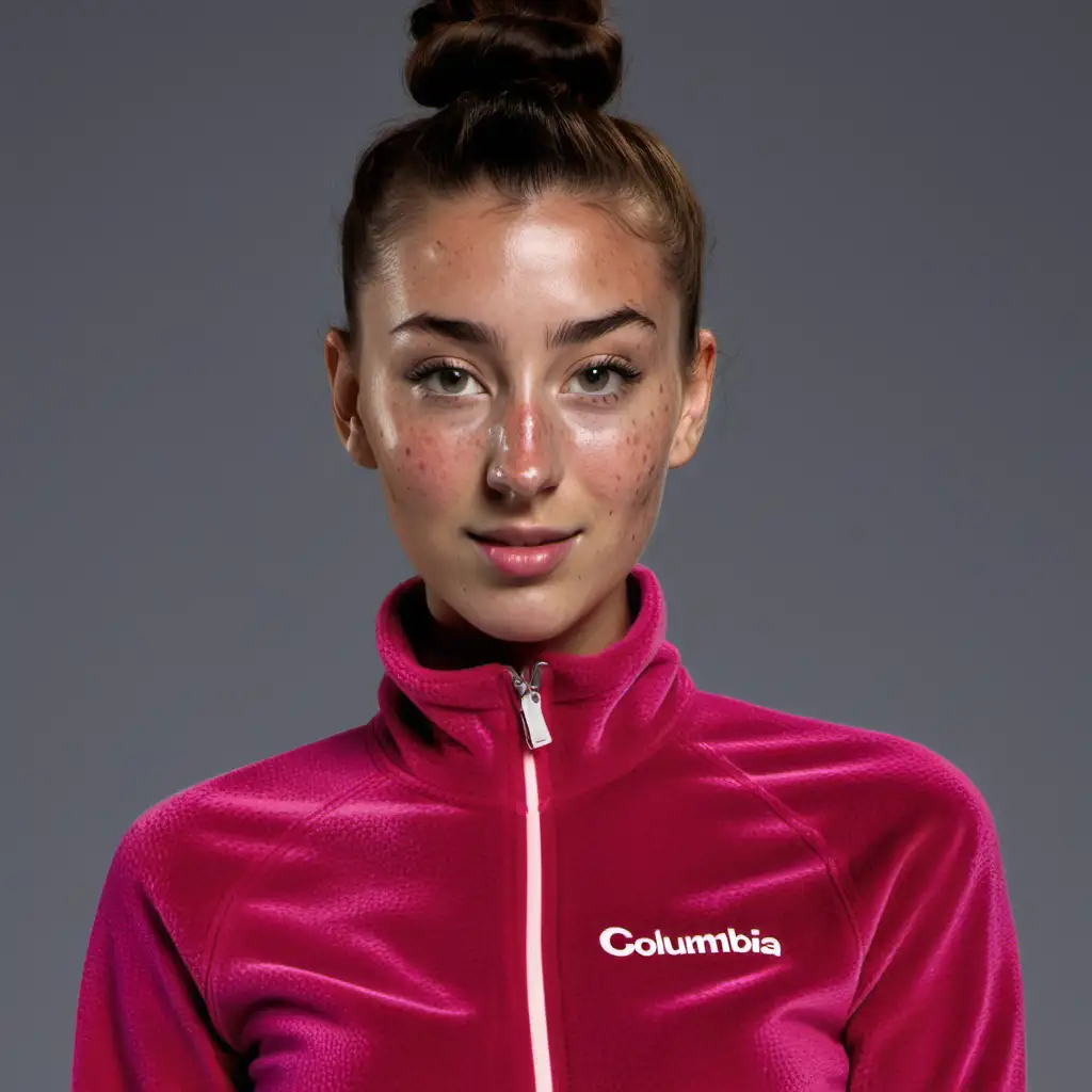 A 29 year old Tall, leggy mixed female with tight, top knot high bun, thick, heavy freckles, long oblong-shaped female head, dark pink columbia-branded tight zipped up fleece jacket, skinny build, her nose and lips scrunched together, straight, well-detailed face, zoomed in