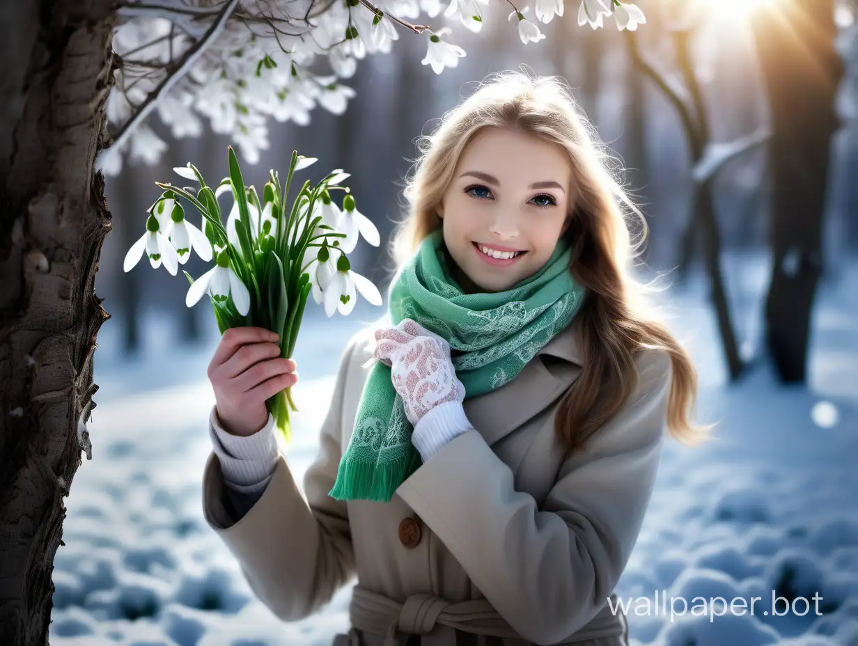 Spring is coming, rare snowdrops are breaking through the snow, a girl in a coat with a wide-open collar and a beautiful flowing scarf admires the beauty of nature, sunbeams penetrate through the lace branches of the trees, nature is waking up, spring, smile, beauty! mariea@mmg