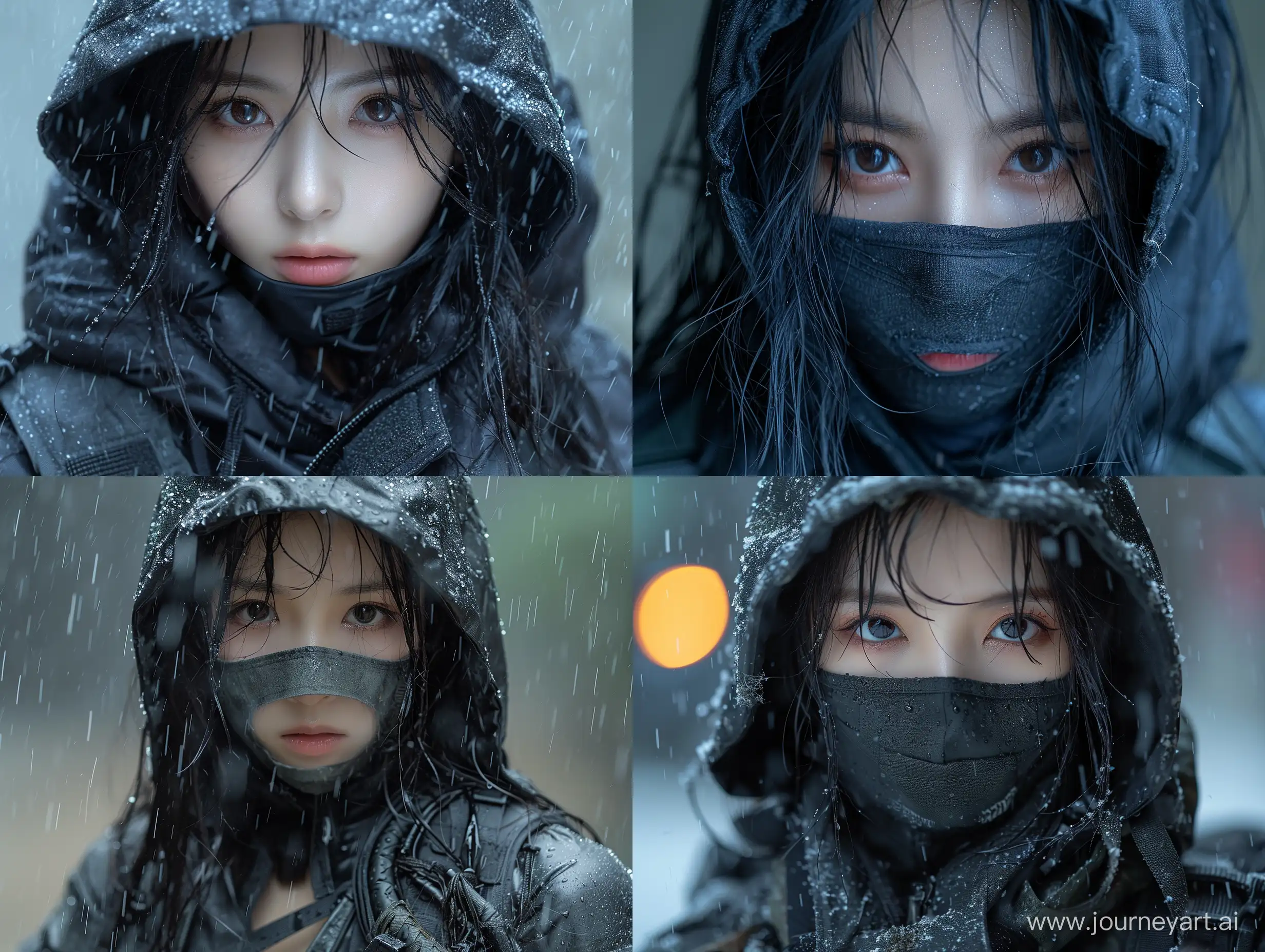 beautiful asian female as mercenary in black tactical jacket hoodie mask dark makeup night dark room --s 999 --style raw --v 6