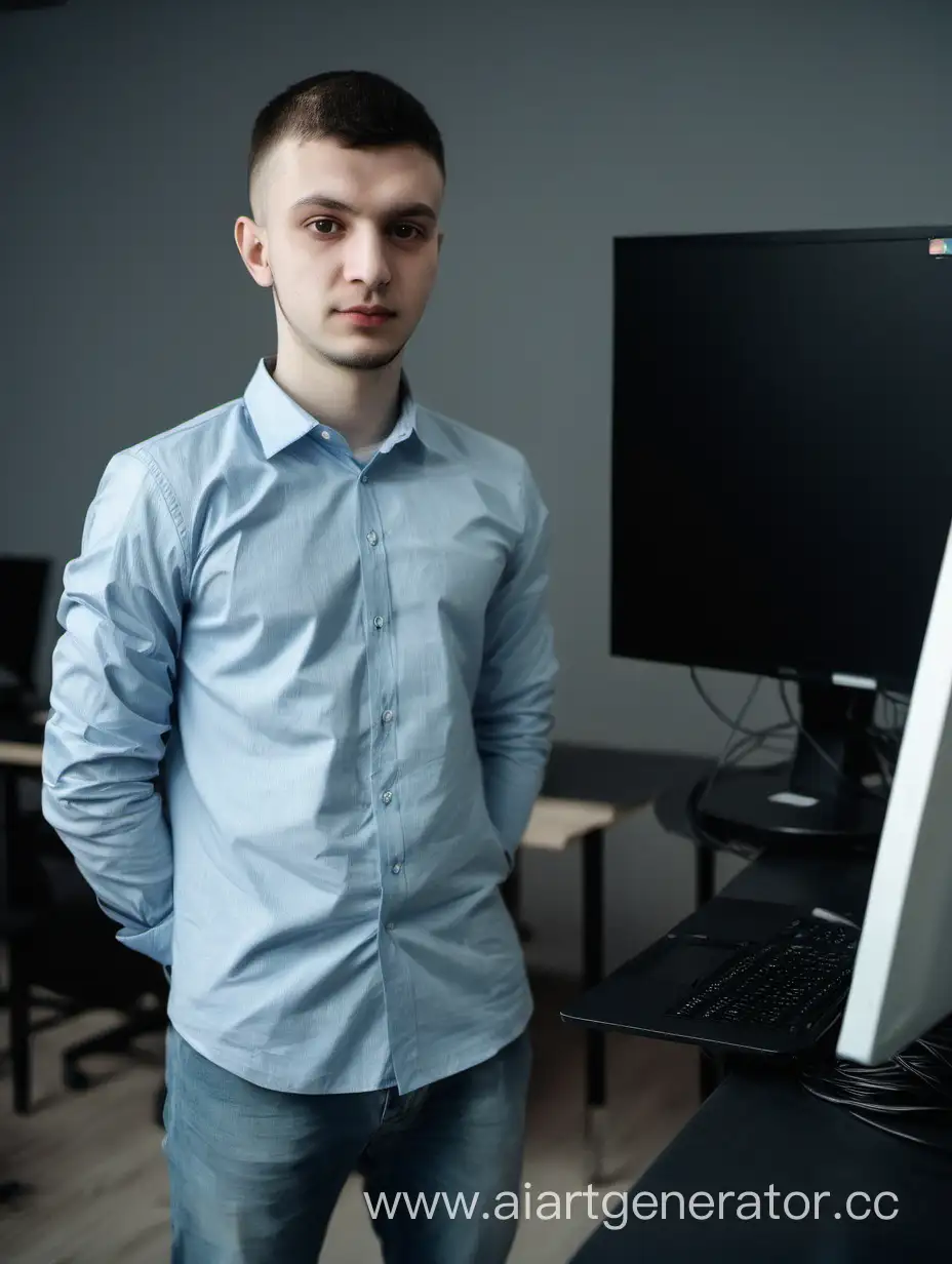Мужчина с именем Серëжа Васьков, молодой предприниматель, на заднем фоне стоит компьютер