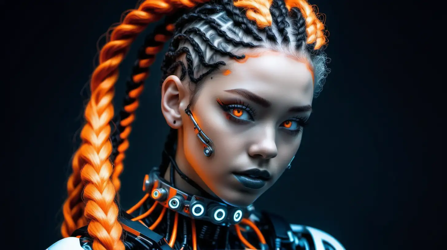 Gorgeous cyborg woman, 18 years old. She has a cyborg face, but she is extremely beautiful. Wild hair, futuristic braids. Neon orange braids, black braids. Many braids. European cyborg woman, white woman cyborg.