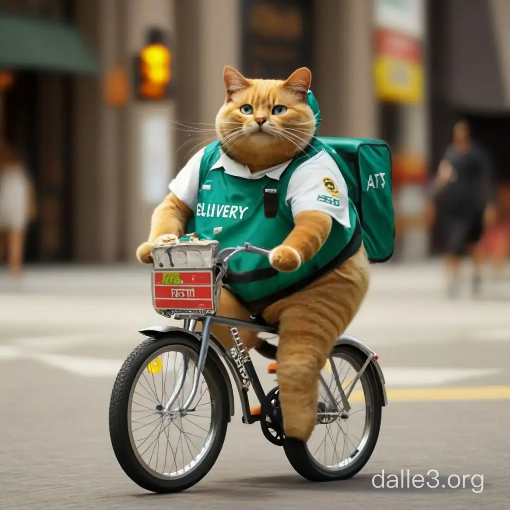 ウーバーイーツい、配達員の服を着て自転車に乗る太った猫
