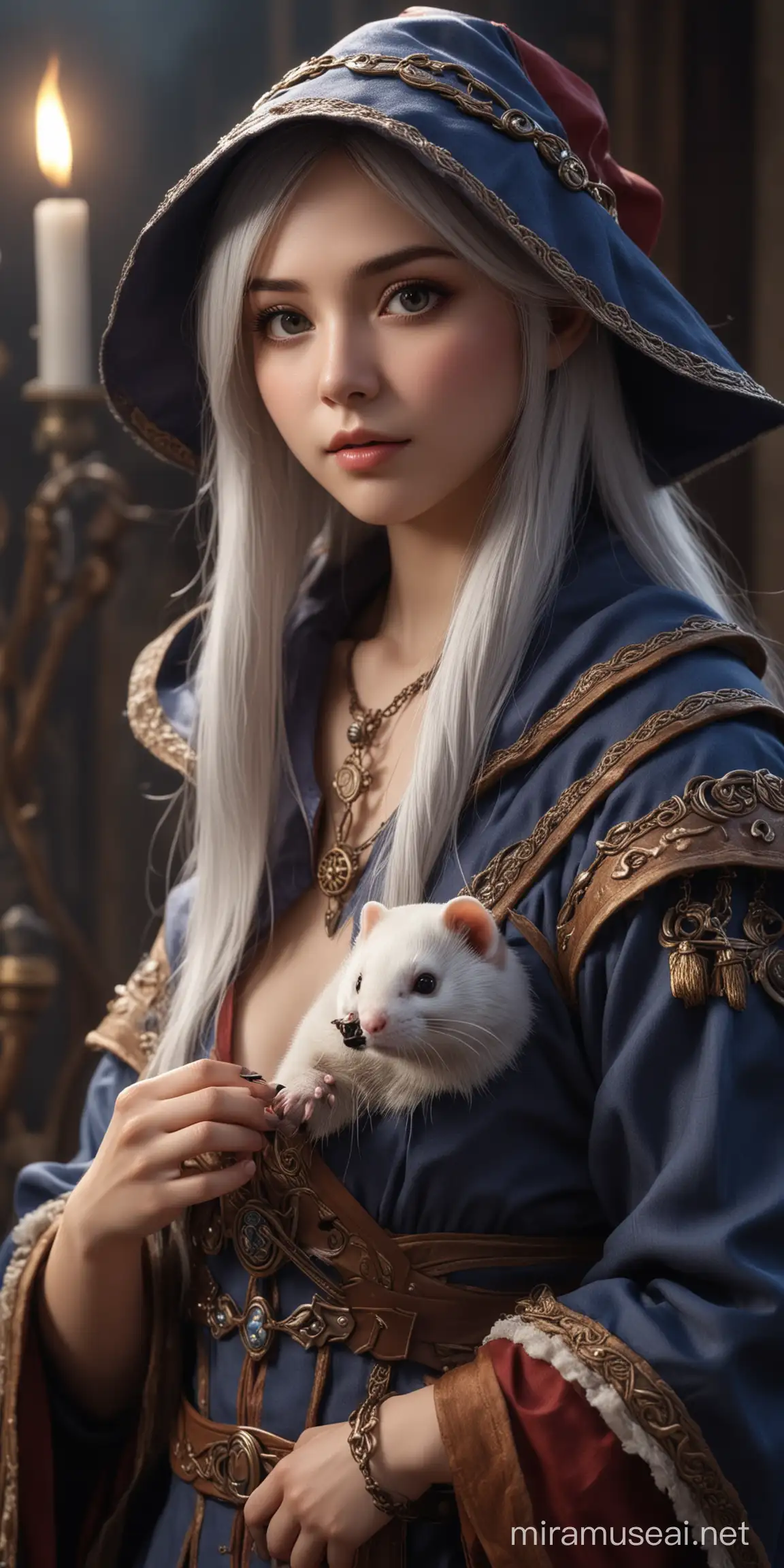 Gadis idol realistis yang sangat cantik, ferret element wizard, background fantasy isekai, cinematic studio lighting, foto studio yang sangat detail, focused medium shot, HD