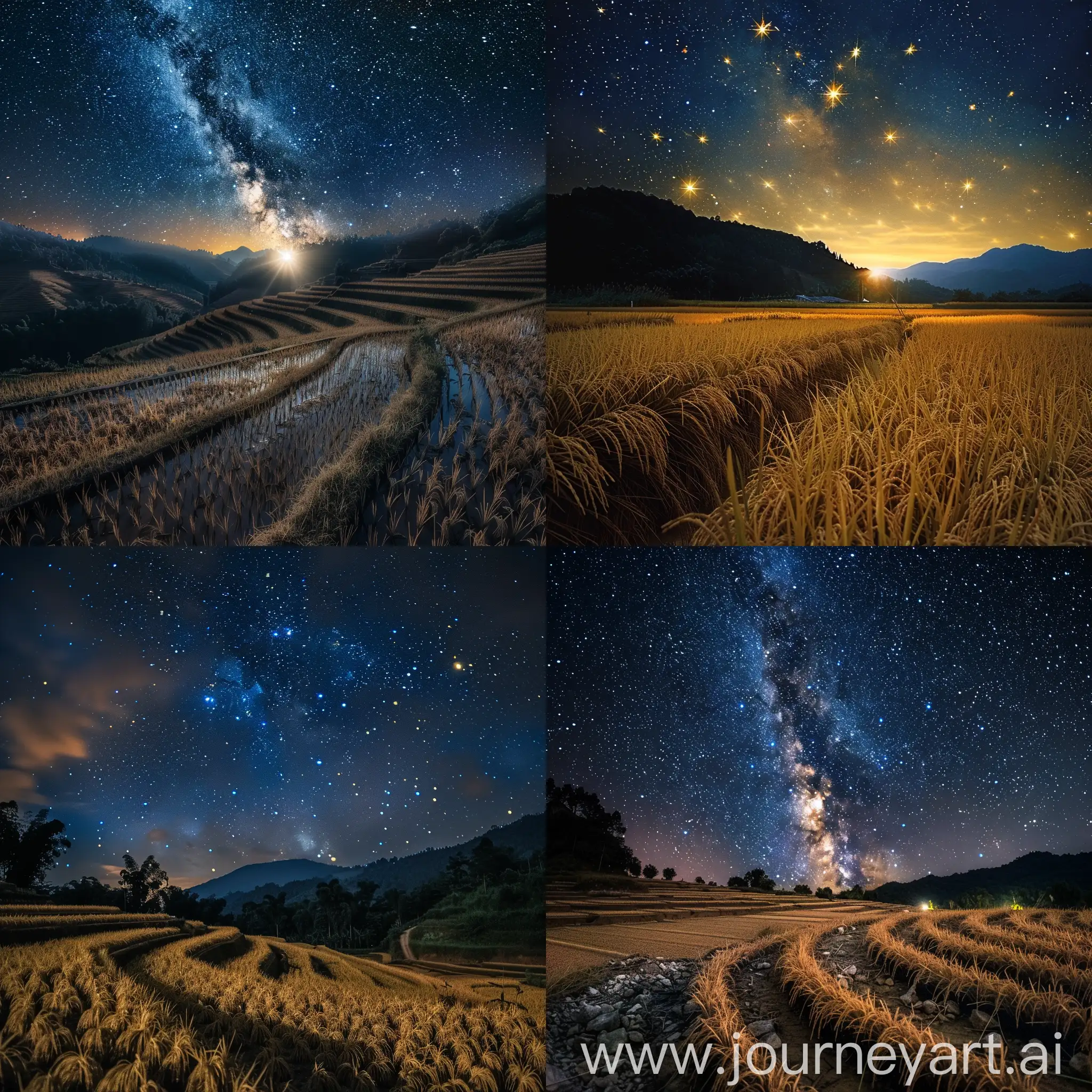 beautiful stars shine down on the dry rice fields