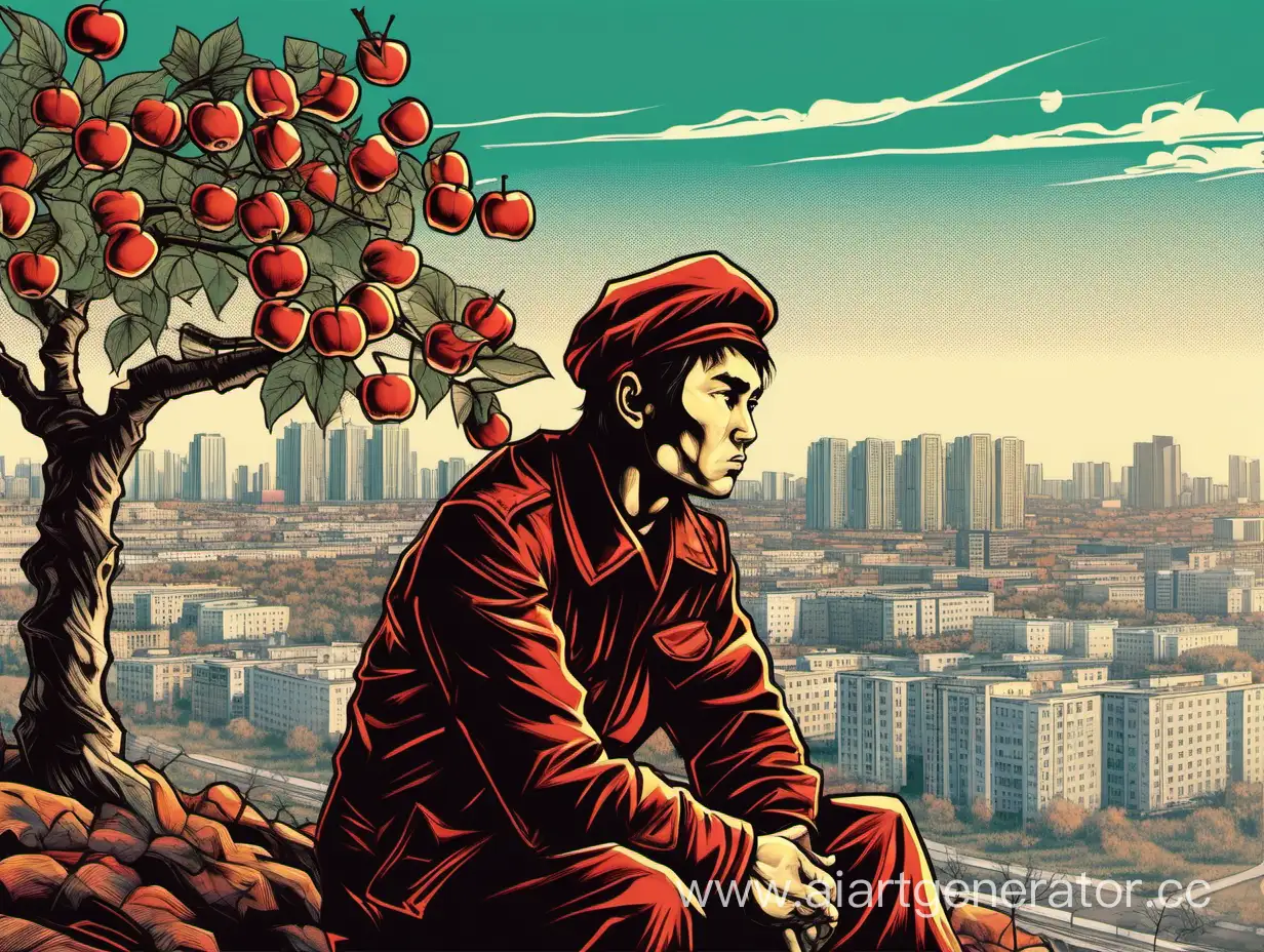 Kazakh-Man-Contemplating-Fate-Beneath-Apple-Tree-in-Soviet-Cityscape