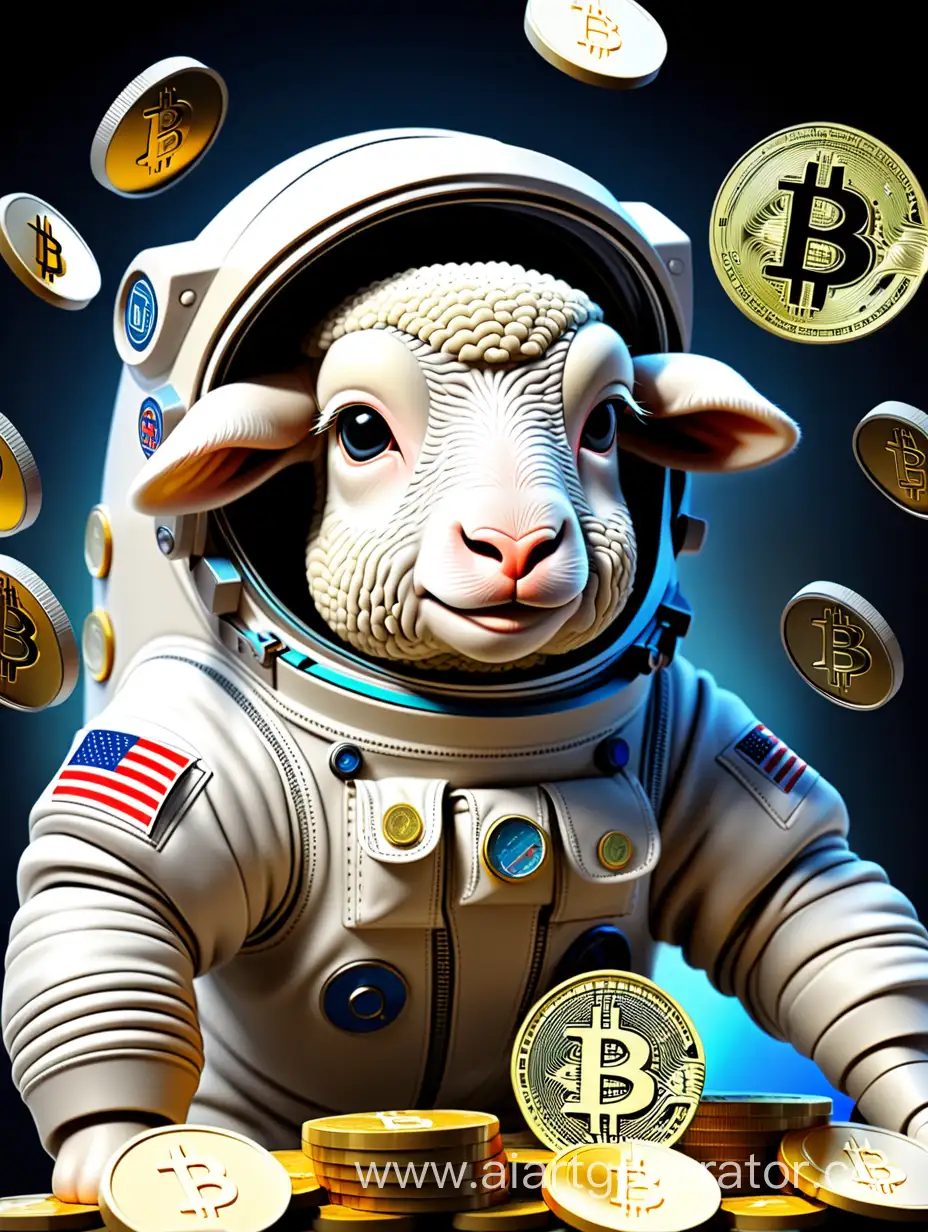 Барашек космонавт среди монет биткойна и денег