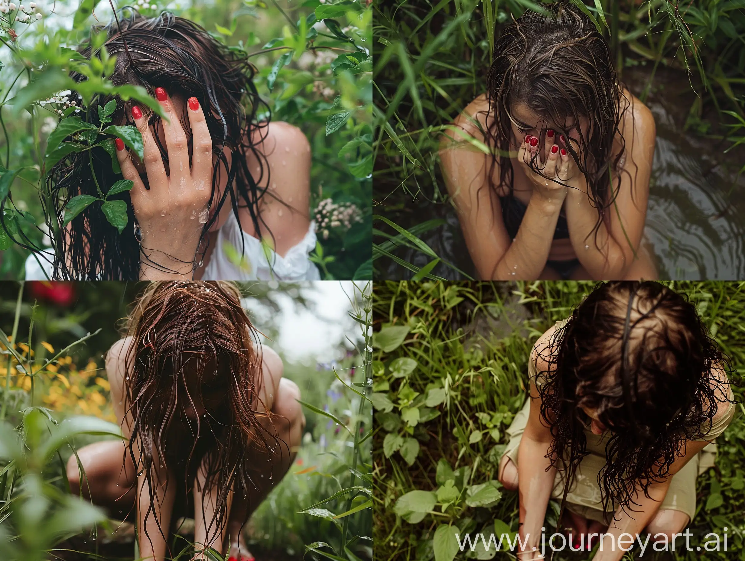 woman in garden wet hair red toe nails