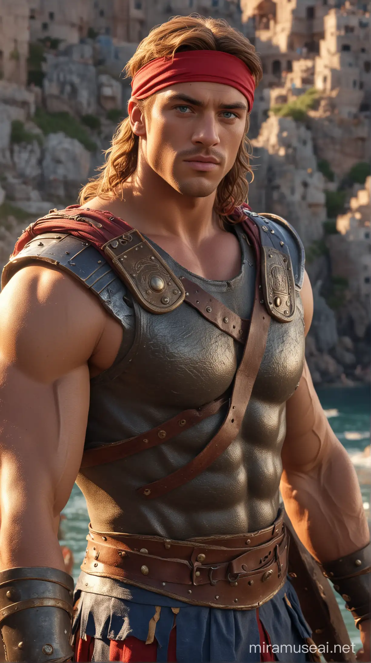 in a sea natural background military there are disney prince Hercules is Greece 21-year-old and long light brown hair with red headband  and blue eyes and very muscled and with Complet Roman gladiator uniform and face beautiful 8k re solution ultra-realistic
