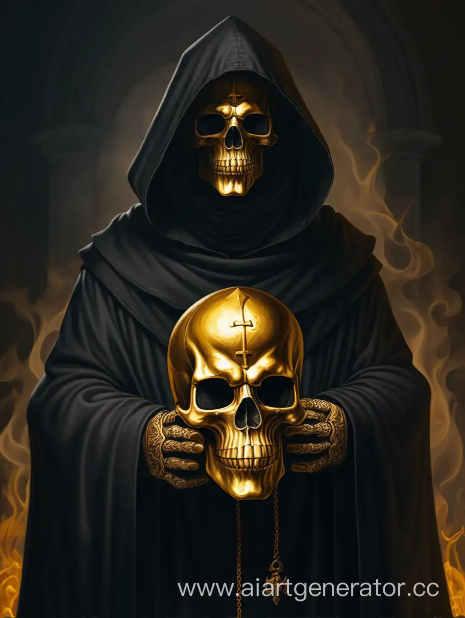 A monk in a golden mask in the form of a skull under a hood in a black robe. Middle Ages in hell