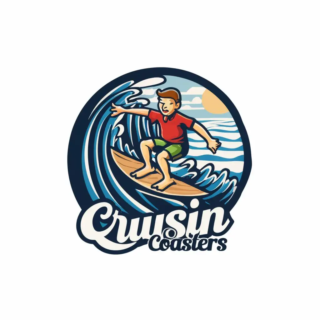 a logo design,with the text "CrusinCoasters", main symbol:The logo features a miniature surfer dude riding a coaster like a surfboard on a wave in the ocean. The coaster is depicted with a wooden texture to resemble wood. The surfer is shown with a relaxed posture and a big smile on their face. The ocean wave conveys motion and energy with vibrant shades of blue and lighter tones for the foam.,Moderate,clear background