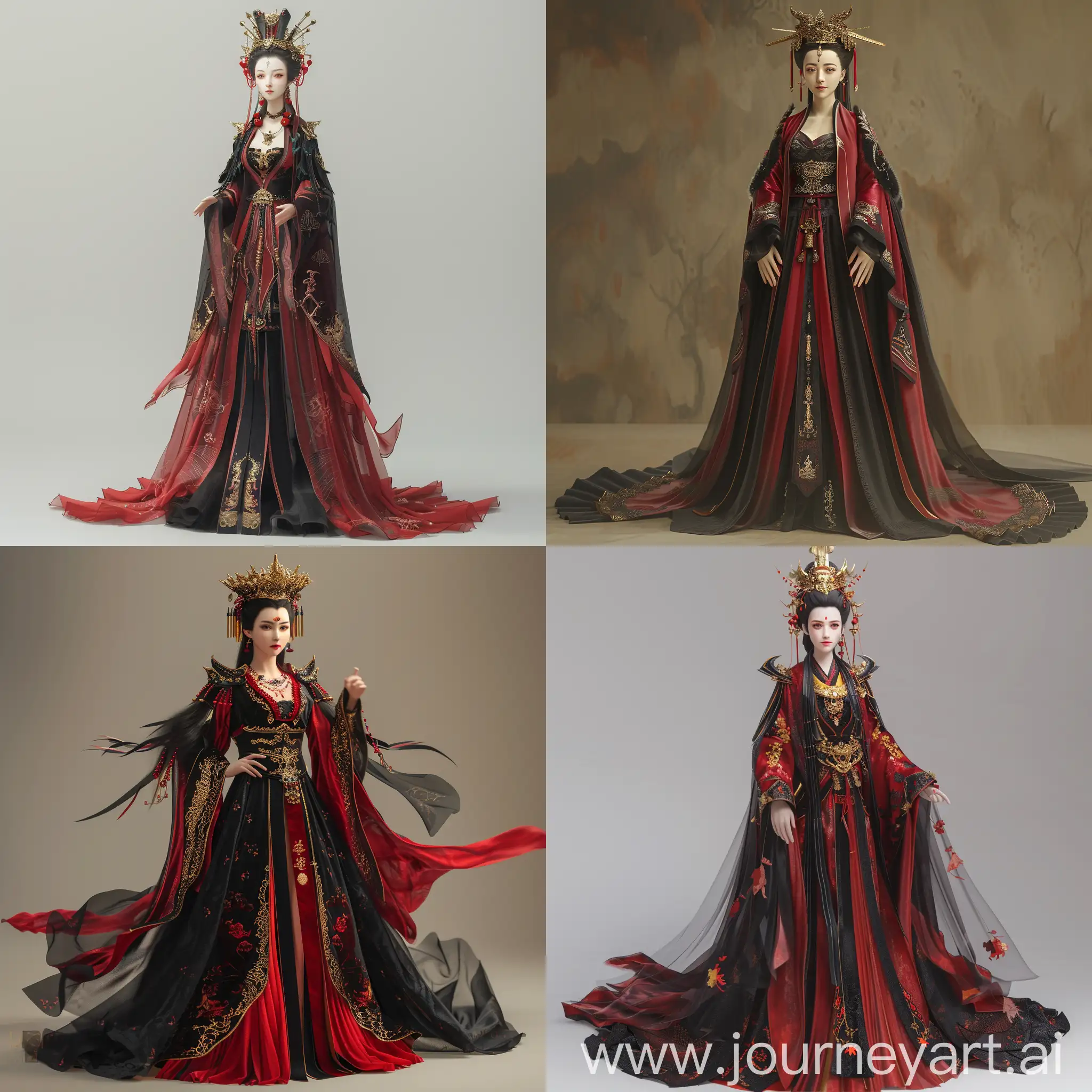 Wu Zetian, Full Body 1:1, Red and black dress with gold crown, chinese empress, (a beautiful fantasy empress), chinese empress(Beautiful fantasy empress, chinese princess, beautiful render of face and clothes, chinese goddess, One tone background, Domineering Empress Costume