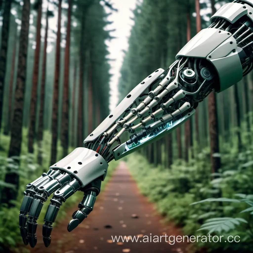 Bionic-Prosthetic-Arm-Extended-Against-Forest-Landscape
