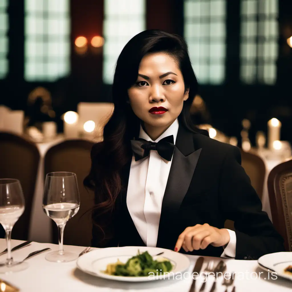stern vietnamese woman with long hair and lipstick wearing a tuxedo with a black bow tie.  She is at a dinner table.  She is wearing cufflinks.